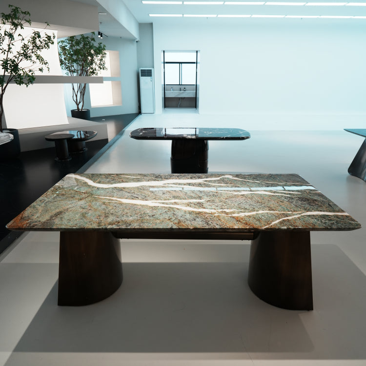 デザイナーズ 大理石ダイニングテーブル 孔雀緑 天然石天板 ブロンズ脚 高級モダンインテリア jrjj-6637
