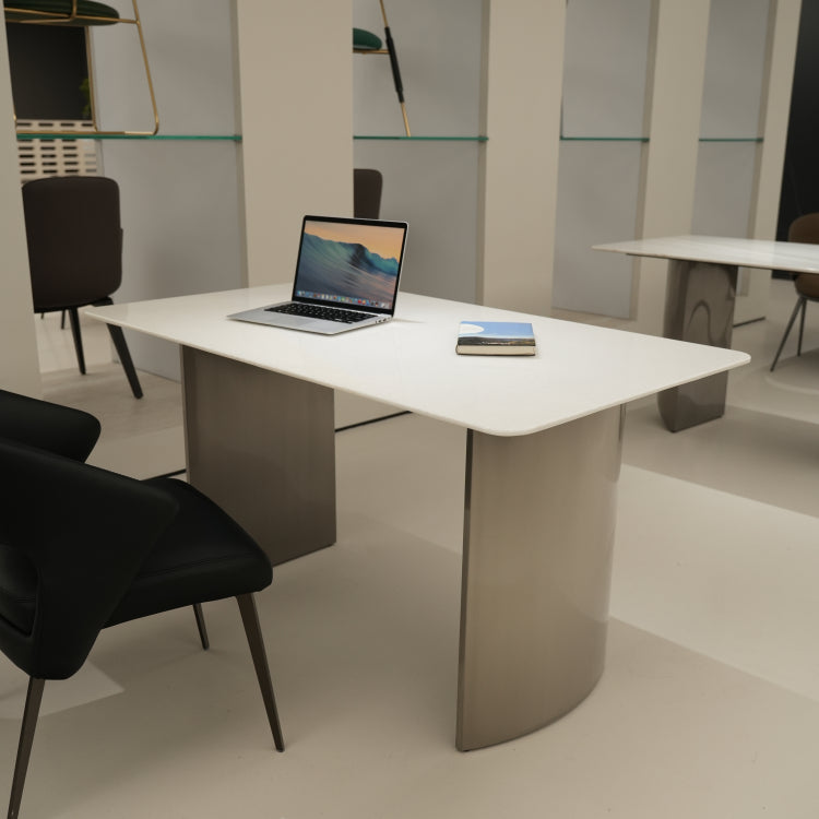 デザイナーズ 大理石ダイニングテーブル ピュアホワイト×シルバー 天然石天板 高級ミニマルモダン jrjj-6385