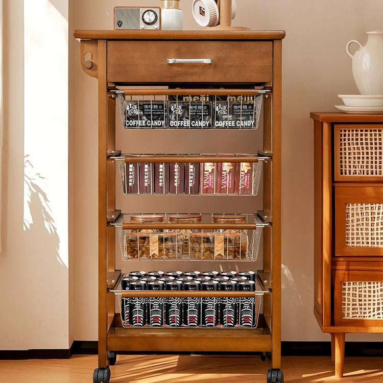 北欧風天然木ストレージワゴン 引き出し収納と多段バスケットを備えたキッチン?リビング兼用ラック jekojeko-01