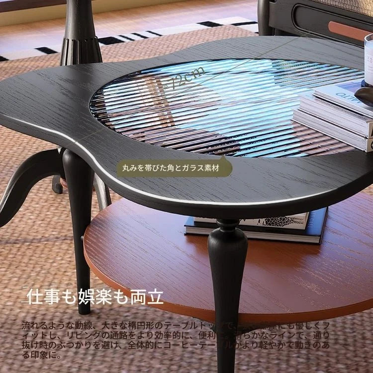アッシュ材ガラスセンターテーブル｜丸みを帯びたデザインでスタイリッシュなリビング空間を演出【サイズ：28.3インチ】 fbgym-4752