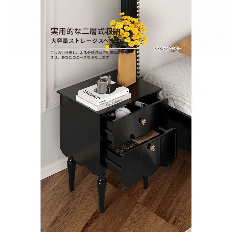 エレガントなブラックナイトテーブル - 多層板製の収納付きおしゃれサイドテーブル fcr-4819