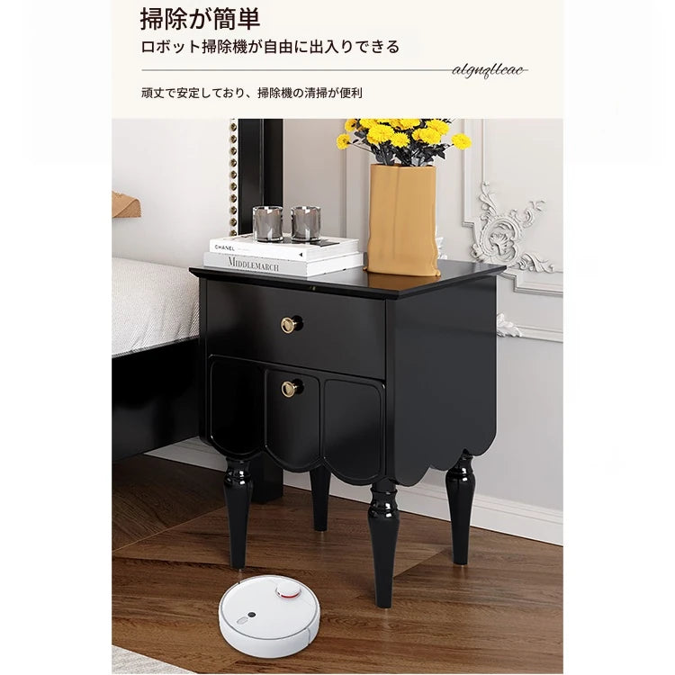 エレガントなブラックナイトテーブル - 多層板製の収納付きおしゃれサイドテーブル fcr-4819