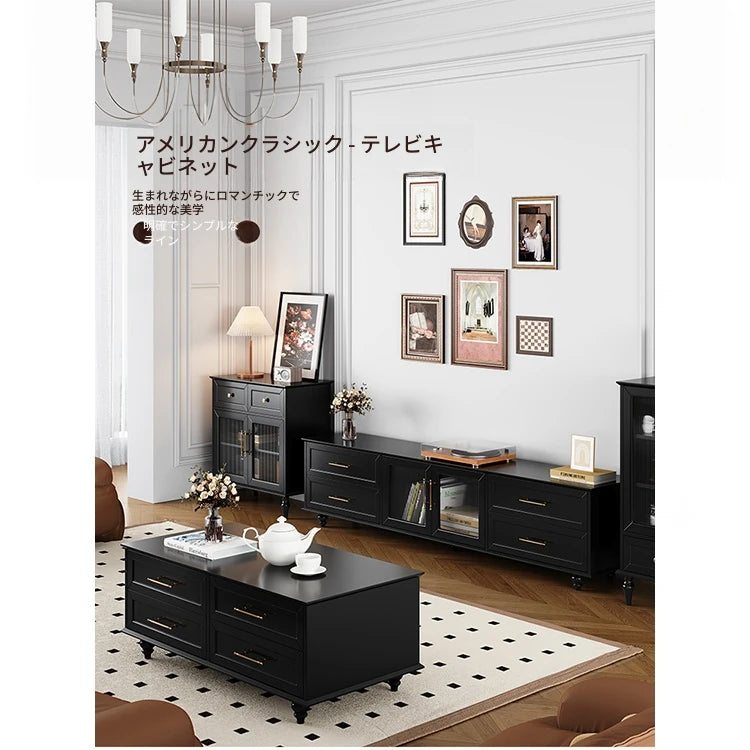 オシャレな多層板製テレビ台｜ガラス扉付き収納付きリビング用黒色キャビネット fcr-4828