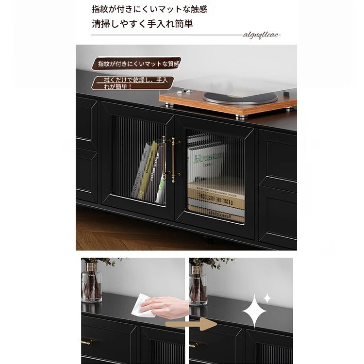 オシャレな多層板製テレビ台｜ガラス扉付き収納付きリビング用黒色キャビネット fcr-4828