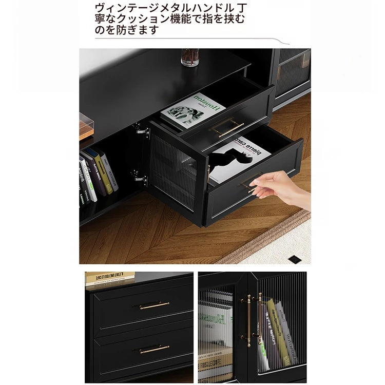オシャレな多層板製テレビ台｜ガラス扉付き収納付きリビング用黒色キャビネット fcr-4828