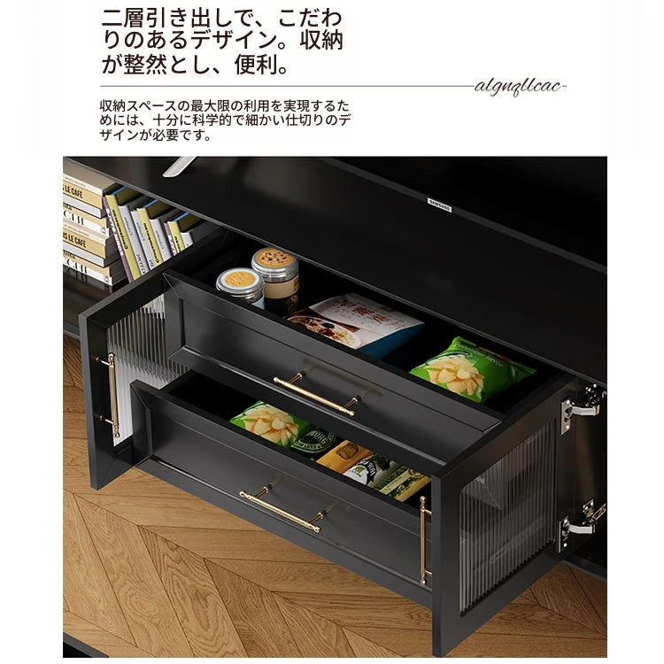 オシャレな多層板製テレビ台｜ガラス扉付き収納付きリビング用黒色キャビネット fcr-4828