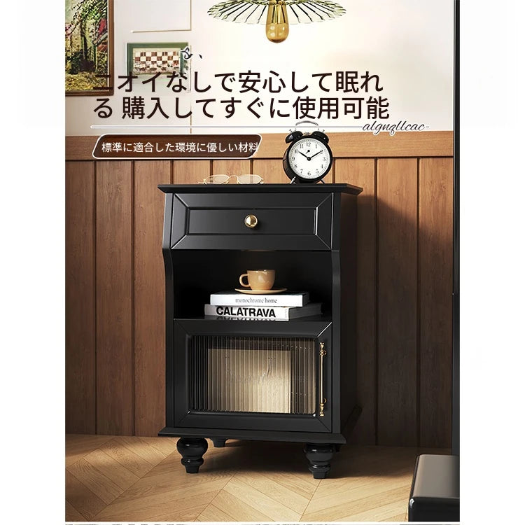 モダンデザイン ナイトテーブル 多層板＆ガラス製 アウトレット特価 収納付き 寝室・リビングに最適 fcr-4830