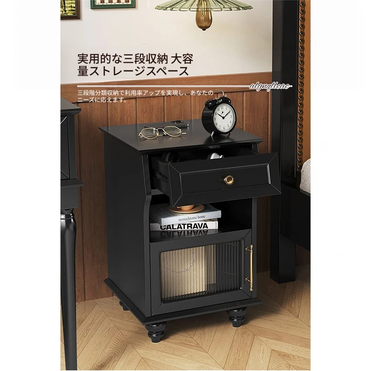 モダンデザイン ナイトテーブル 多層板＆ガラス製 アウトレット特価 収納付き 寝室・リビングに最適 fcr-4830