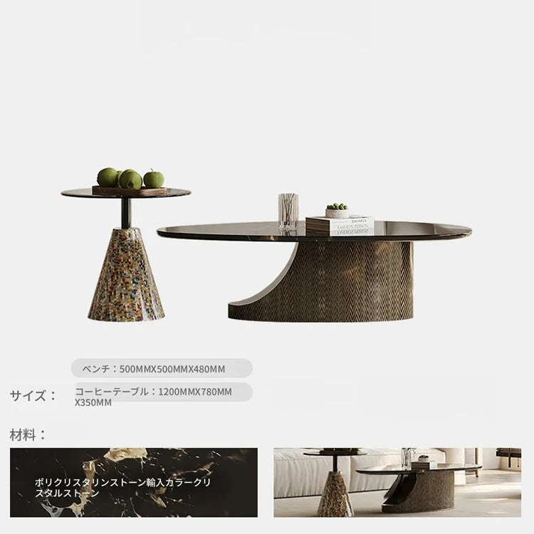 オシャレな石製センターテーブル 強化ガラス天板 モダンリビング用 効果的な収納機能付き fjd-4706