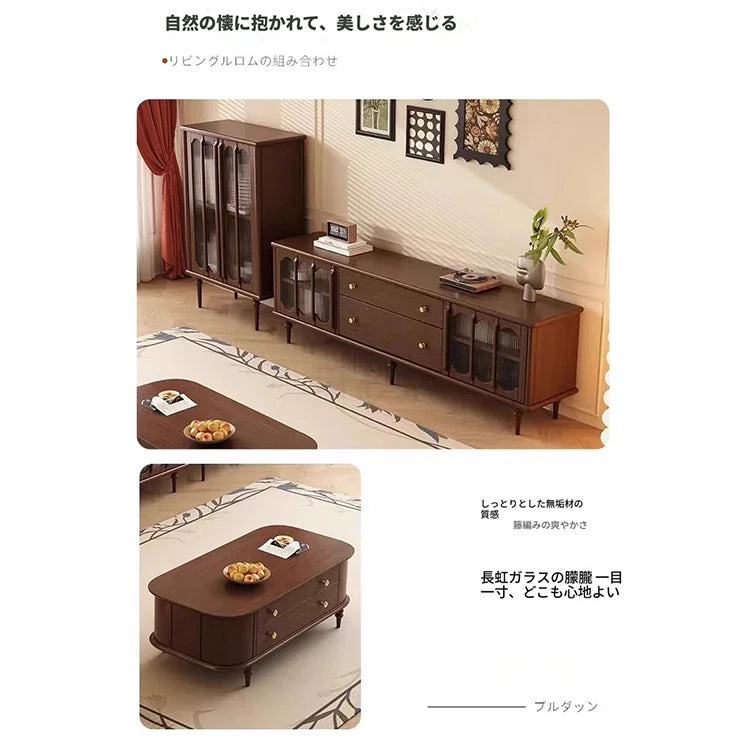 ヴィンテージスタイル多層板テレビ台と強化ガラスキャビネットセット – モダンリビングルームのためのエレガントな収納ソリューション fvp-4591
