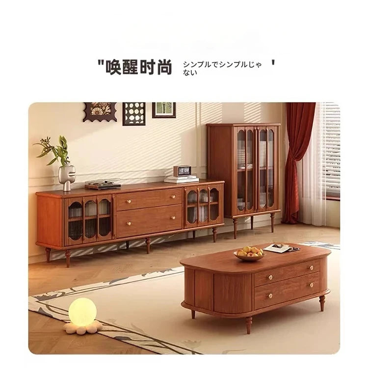ヴィンテージスタイル多層板テレビ台と強化ガラスキャビネットセット – モダンリビングルームのためのエレガントな収納ソリューション fvp-4591