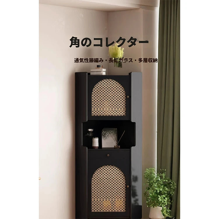 オーク材のスタイリッシュキャビネット｜ガラス扉と銅パーツでおしゃれな収納空間を演出｜シンプル＆モダンデザイン fvp-4594