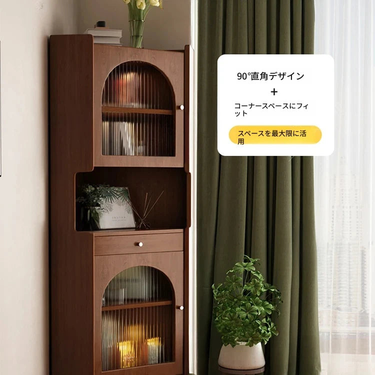 オーク材のスタイリッシュキャビネット｜ガラス扉と銅パーツでおしゃれな収納空間を演出｜シンプル＆モダンデザイン fvp-4594