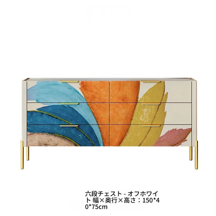 カラフルなデザインのパイン材キャビネット｜セラミック天板＆ステンレス脚付き｜収納力抜群のモダン家具 fws-4581