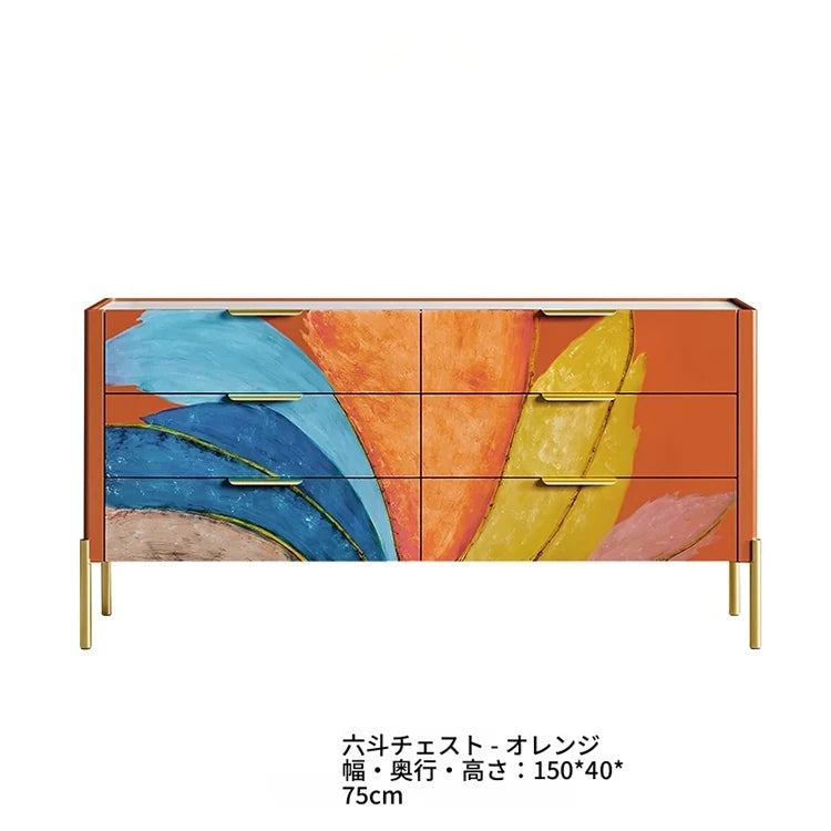 カラフルなデザインのパイン材キャビネット｜セラミック天板＆ステンレス脚付き｜収納力抜群のモダン家具 fws-4581