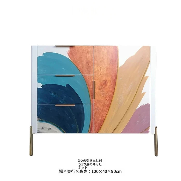カラフルなデザインのパイン材キャビネット｜セラミック天板＆ステンレス脚付き｜収納力抜群のモダン家具 fws-4581