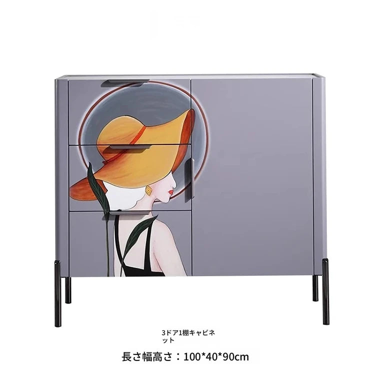 カラフルなデザインのパイン材キャビネット｜セラミック天板＆ステンレス脚付き｜収納力抜群のモダン家具 fws-4581