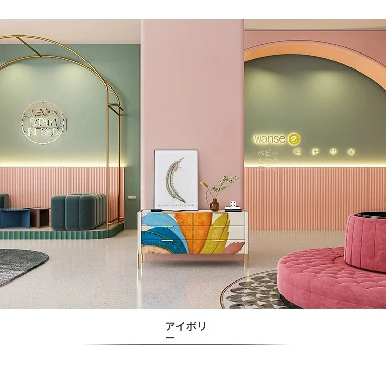 カラフルなデザインのパイン材キャビネット｜セラミック天板＆ステンレス脚付き｜収納力抜群のモダン家具 fws-4581