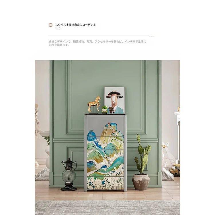 無垢材とステンレス、大理石仕上げのカラフルデザインキャビネット - おしゃれで機能的な収納家具 fws-4587