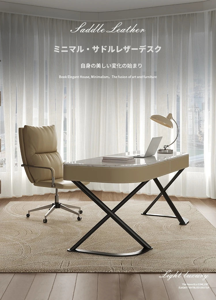 モダンデザインの多層板大理石テーブル - パイン材＆合成皮革使用のスタイリッシュデスク fyd-5174