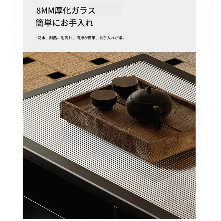 強化ガラスと銅のセンターテーブル - モダンデザインで収納力抜群！完璧なリビング空間を演出 fymj-4843