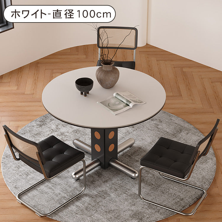 ヴィンテージ風 無垢材×セラミック天板 ラウンドダイニングテーブル 小さめサイズ ステンレス脚 家庭用リビングテーブル hagst-3623