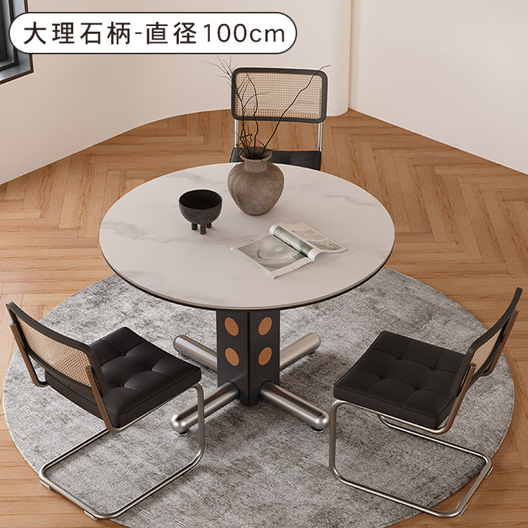 ヴィンテージ風 無垢材×セラミック天板 ラウンドダイニングテーブル 小さめサイズ ステンレス脚 家庭用リビングテーブル hagst-3623