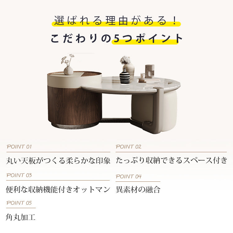 マイクロクリスタルストーン円形リビングテーブル収納付き大小セット北欧モダンツートンデザイン hagst-5545