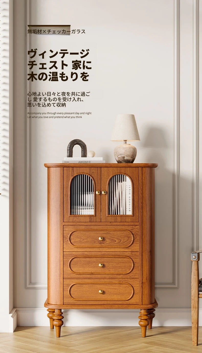 無垢材キャビネット - おしゃれで実用的な収納家具 | 3段引き出し付き、ガラス扉デザイン halmh-5307