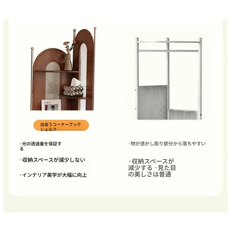チェリー材とガラスのスタイリッシュラック - ステンレスフレーム付き、コーナーに最適な収納家具 hby-4603