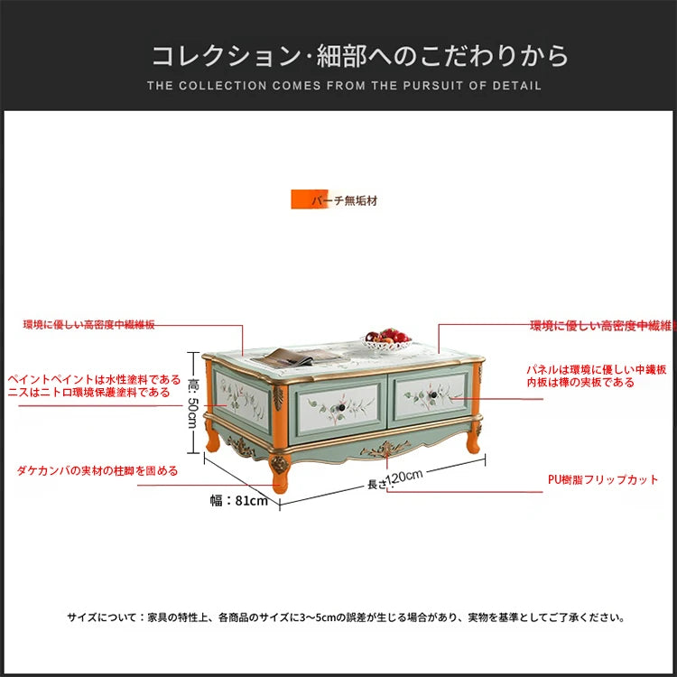 カバノキ製おしゃれなセンターテーブル｜ビンテージ調の美しいデザインと収納付き hfgxc-4875
