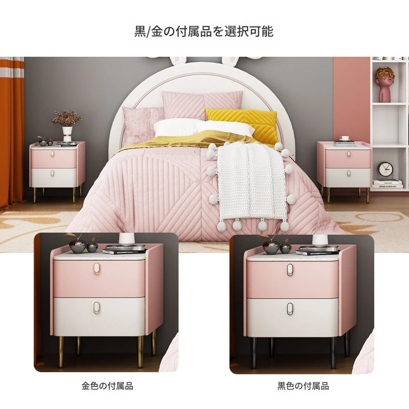 ピンクとクリーム色のモダンナイトテーブル - パイン材・セラミック・合皮仕上げ、スタイリッシュな収納家具 hjd-3145