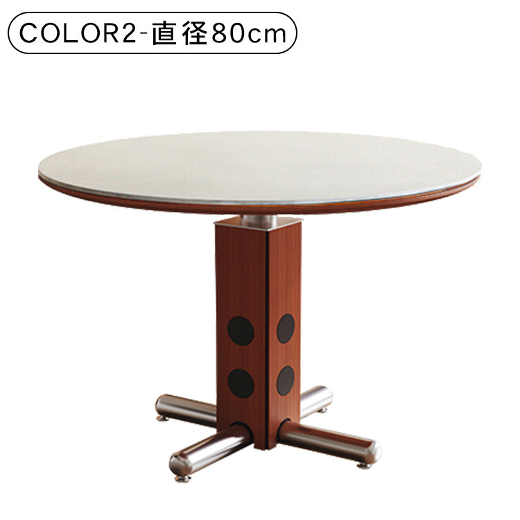 ヴィンテージ風ラウンドテーブル 小型住宅向け ステンレス脚 北欧バウハウス調 セラミック天板 無垢材 ダイニングテーブル hjj-3657