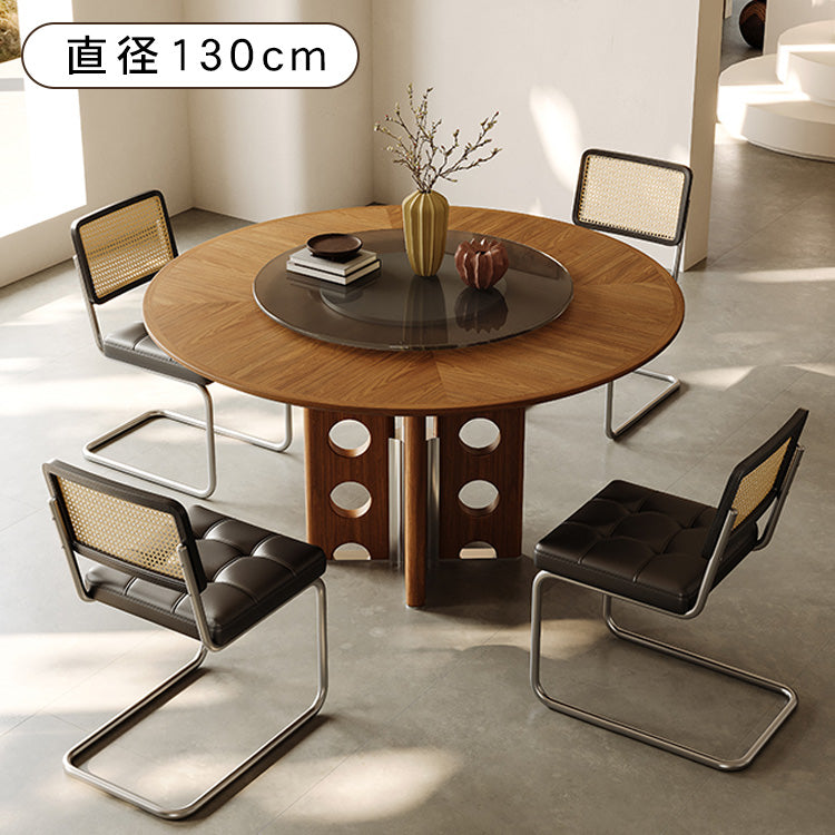 実木ダイニングテーブルガラス回転盤付きステンレス脚リンク構造イタリアンモダンスタイル hjj-3668