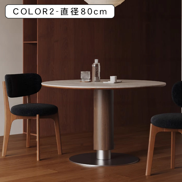 ナチュラル原木調 洞石風セラミック天板 円形ダイニングテーブル 小戸建て向け hjj-3671