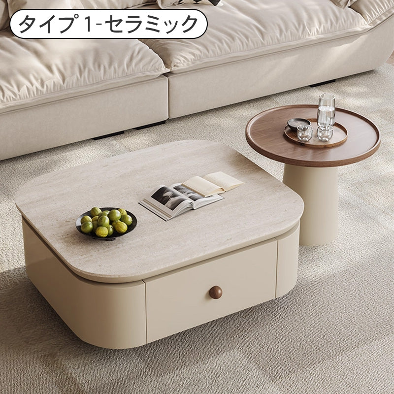クリーム風スクエアコーヒーテーブルセット リビング用 洞石調セラミック天板 モダンシンプルデザイン hjl-5664