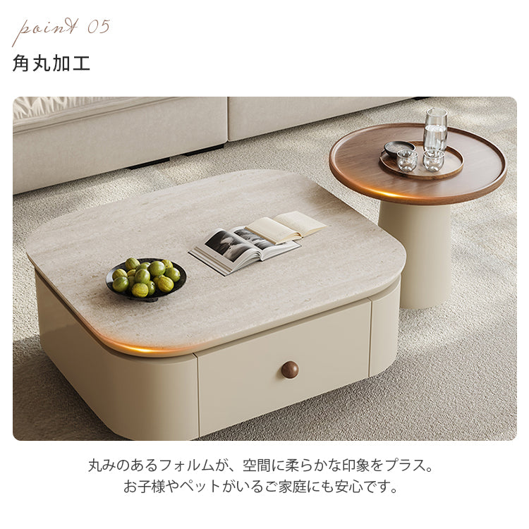 クリーム風スクエアコーヒーテーブルセット リビング用 洞石調セラミック天板 モダンシンプルデザイン hjl-5664