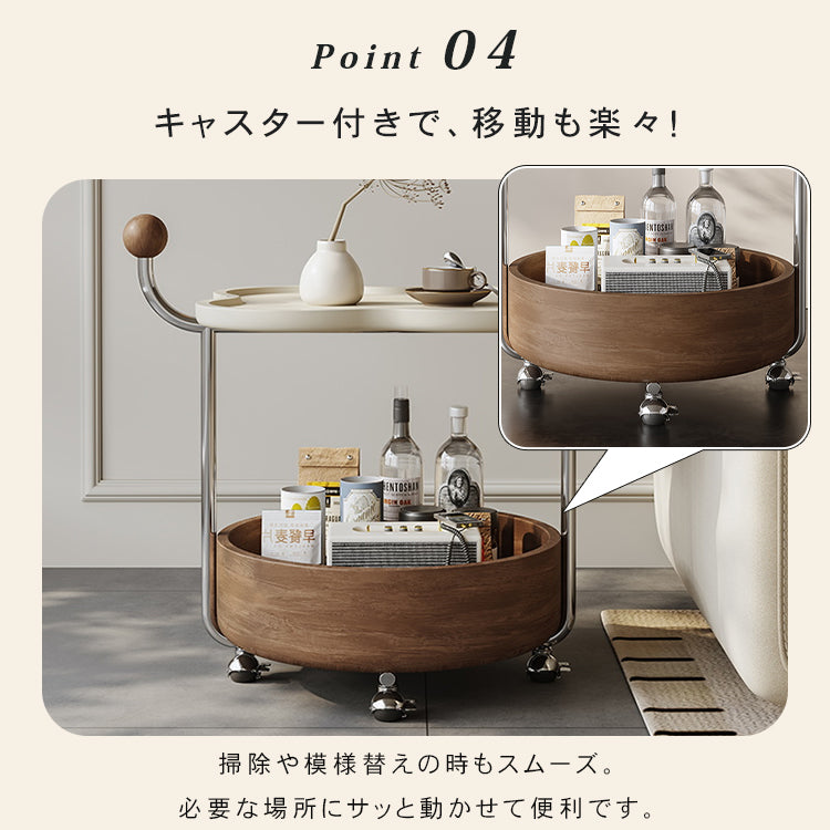 高級感ある移動式無垢材サイドテーブル コンパクトワゴンタイプ リビング用 hjl-5680