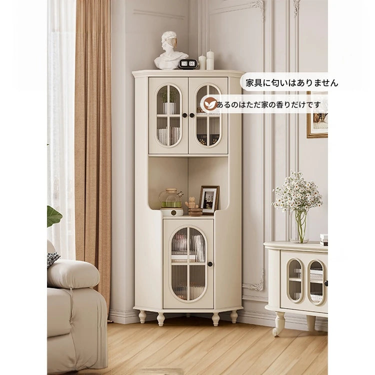 チェリー材とパインの美しいキャビネット｜ガラス扉付き収納家具｜スタイリッシュなリビングルームデザイン hl-4904