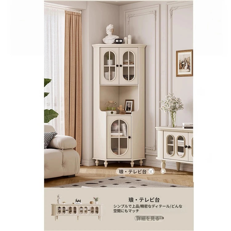 チェリー材とパインの美しいキャビネット｜ガラス扉付き収納家具｜スタイリッシュなリビングルームデザイン hl-4904