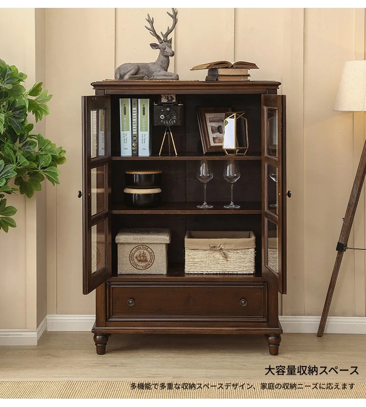 無垢材パイン材キャビネット - 多層板ガラス扉付き、収納力抜群のインテリア家具 hmy-5000