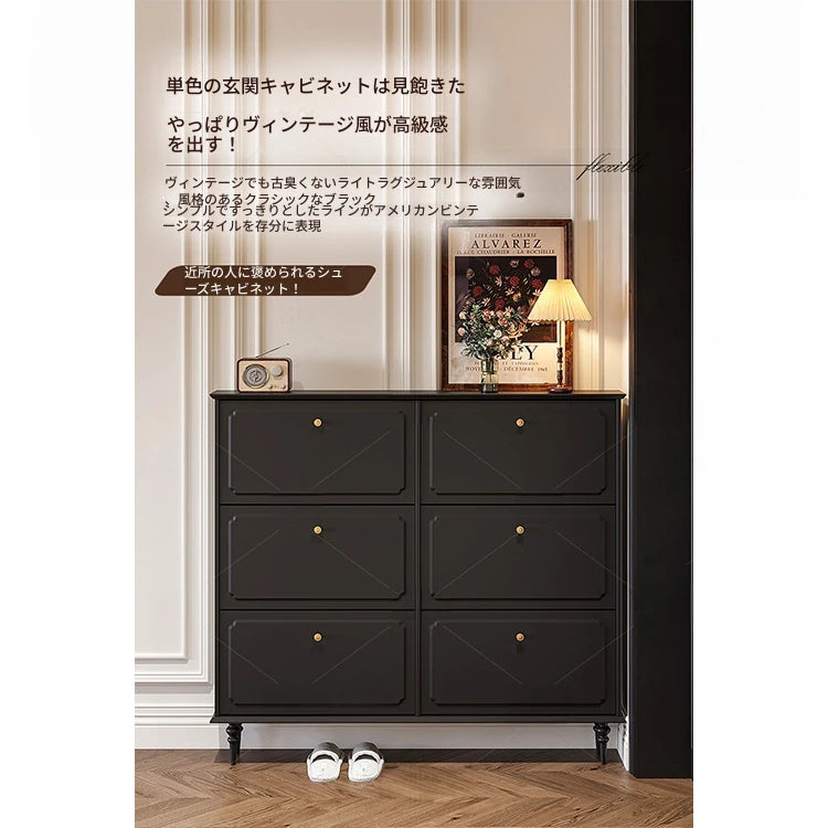 無垢材使用のシンプルモダンシューキャビネット｜レトロスタイルで上質な黒色仕上げ｜アメリカンミッドセンチュリーデザイン hmz-4943