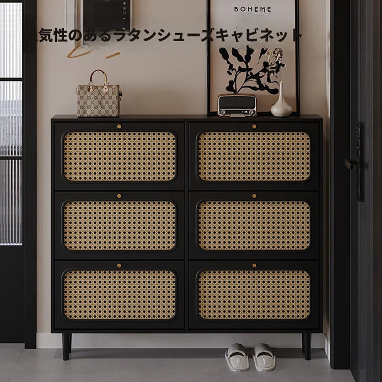 おしゃれなシューズキャビネット｜収納力抜群のデザイン｜玄関に最適なブラックとラタン風仕上げ hmz-4948