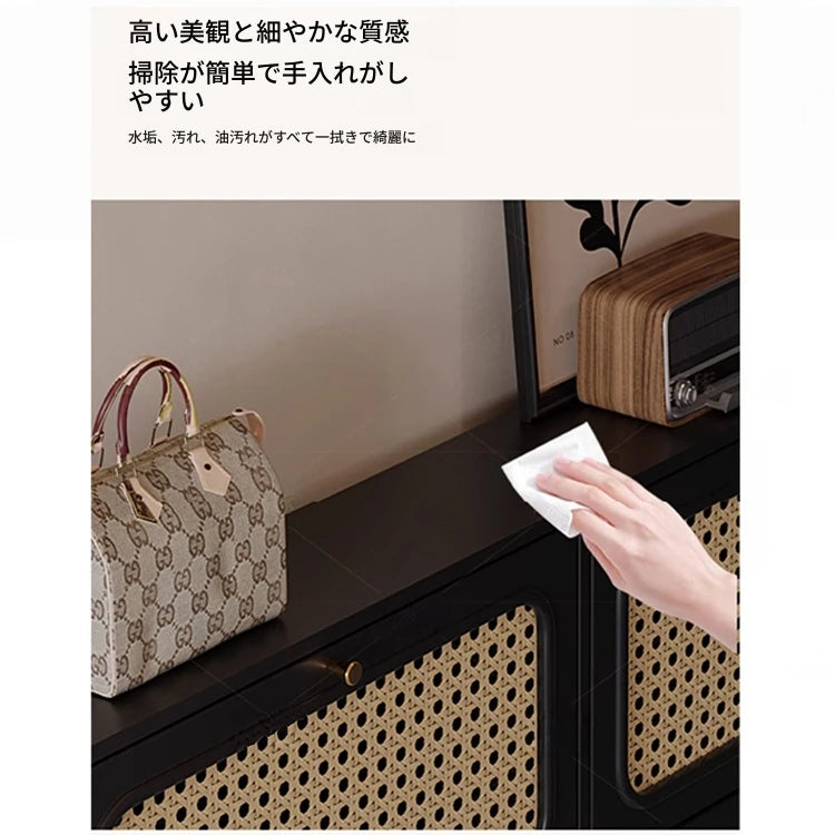 おしゃれなシューズキャビネット｜収納力抜群のデザイン｜玄関に最適なブラックとラタン風仕上げ hmz-4948