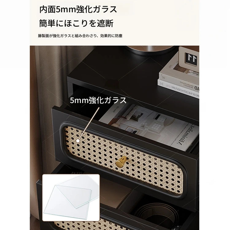 無垢材と強化ガラスのシンプルでスタイリッシュなナイトテーブル - 押し入れ付きデザイン hmz-4961