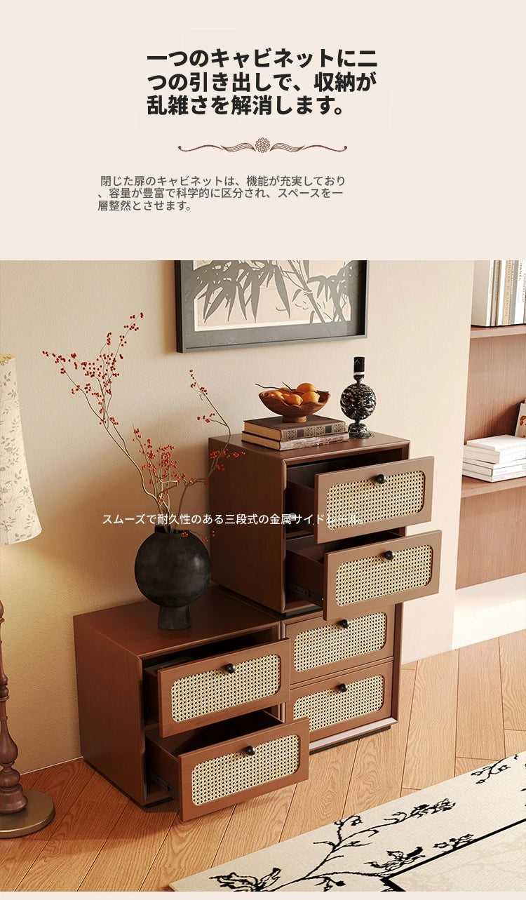 無垢材アッシュとラタン使用のスタイリッシュキャビネット｜収納力抜群のインテリア家具 hsms-4922