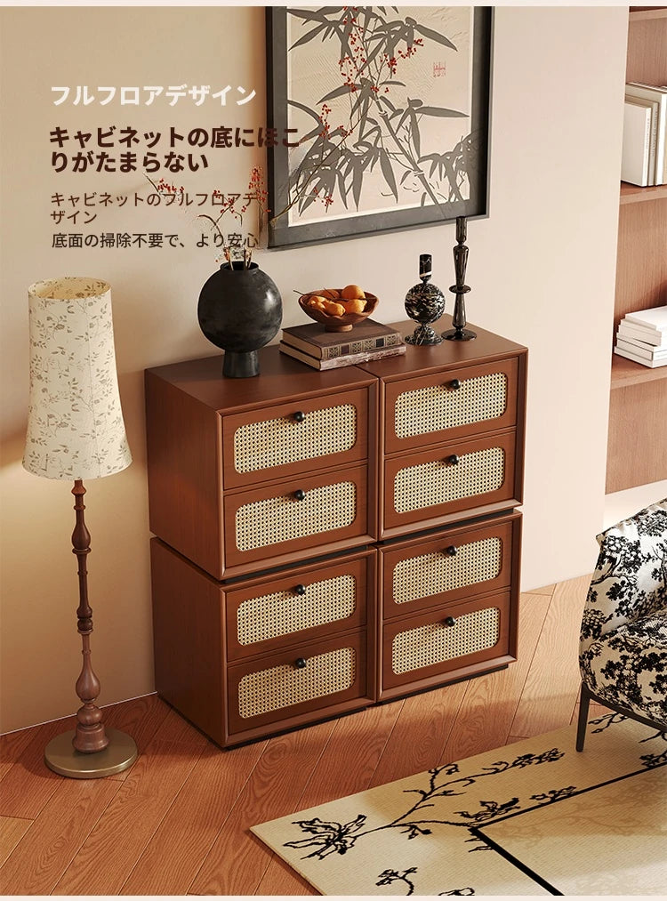 無垢材アッシュとラタン使用のスタイリッシュキャビネット｜収納力抜群のインテリア家具 hsms-4922