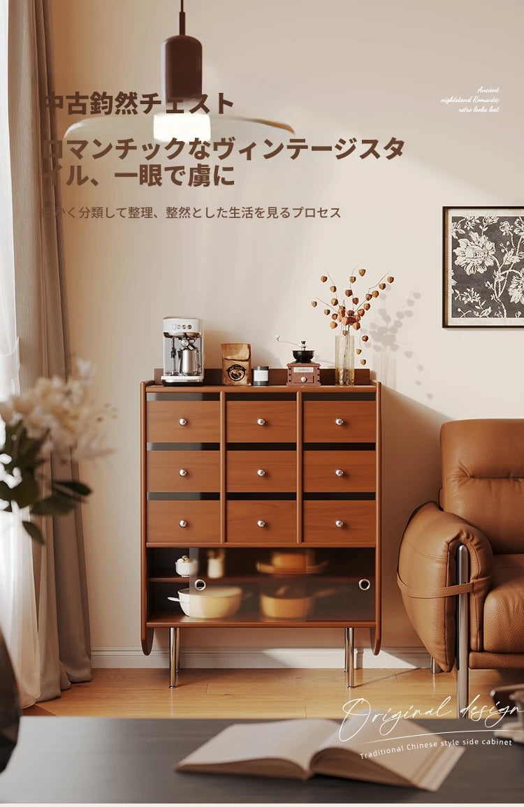 無垢材と強化ガラス使用のデザインキャビネット - スタイリッシュ収納家具 hsms-4935