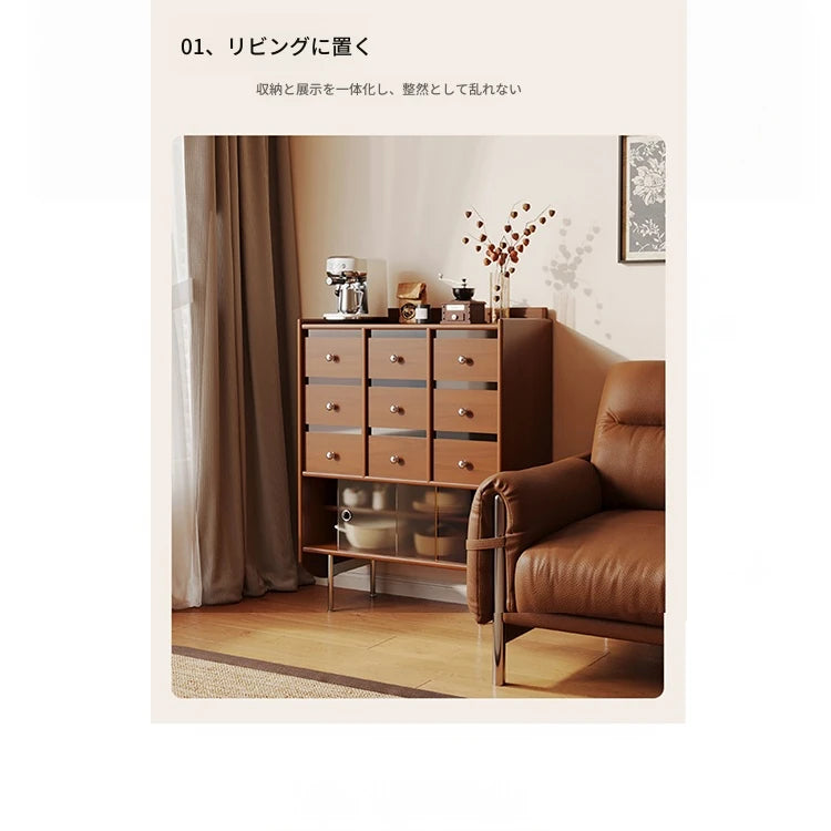 無垢材と強化ガラス使用のデザインキャビネット - スタイリッシュ収納家具 hsms-4935