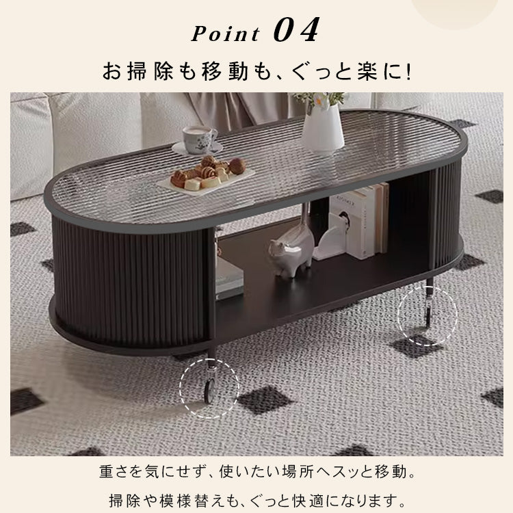 フレンチクリーム風｜移動式ローテーブル｜リビング用｜省スペース対応｜楕円形｜高見えシンプルサイドテーブル htt-3841